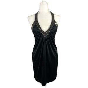 BCBG Diamante Mesh Mini Dress Black V-Neck Halter XS Clubwear Disco Party